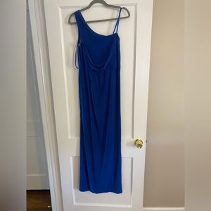 Cobalt blue one shoulder long dress with slit. Perfect for bridesmaid or prom.